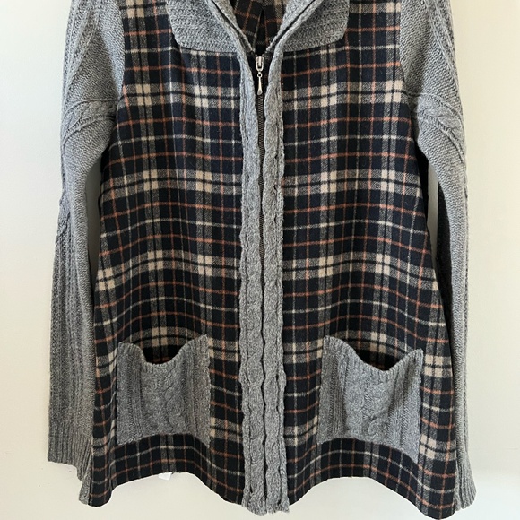 Moth (Anthropologie) Derry Cable Knit Wool Plaid Flannel Hooded Sweater Jacket - Picture 2 of 13